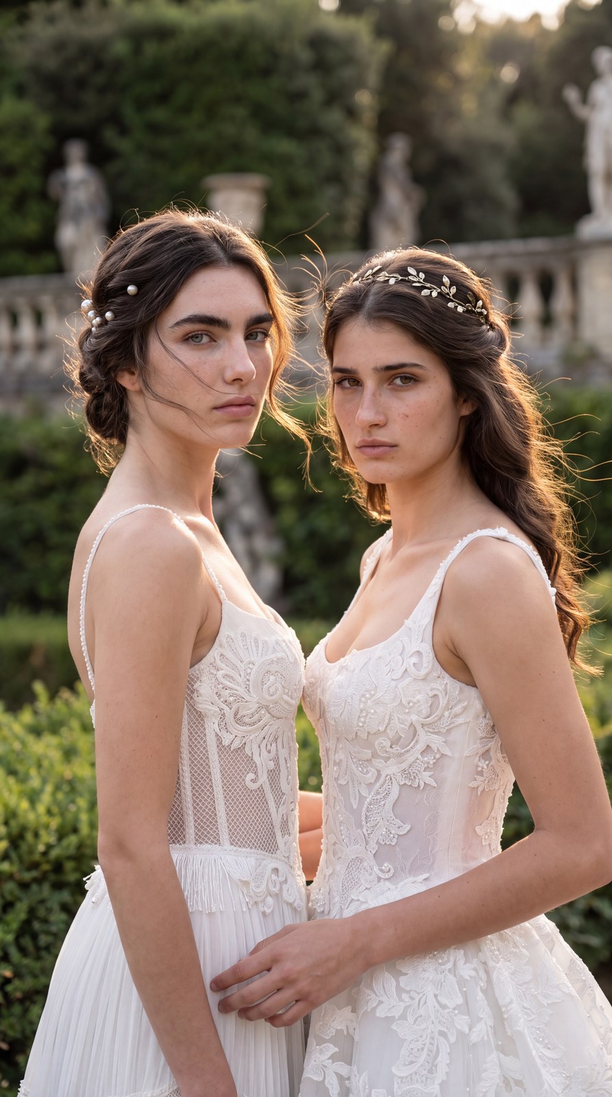 Close-up of two models in white lace wedding gowns in a garden with stone statues. AI-generated image.