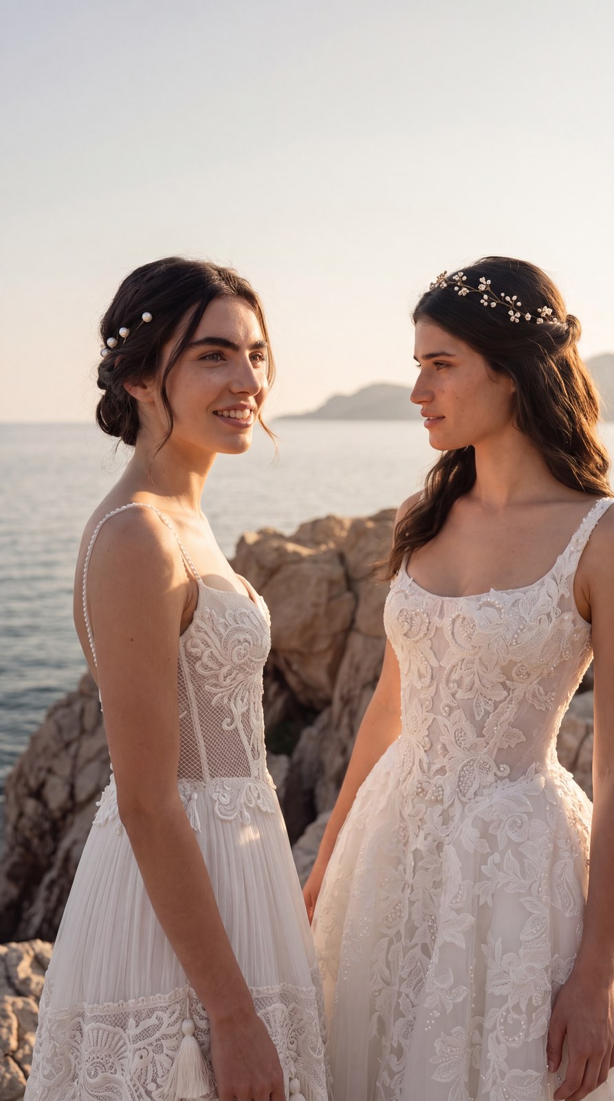 Close-up of two models in lace wedding gowns on seaside rocks. AI-generated image.