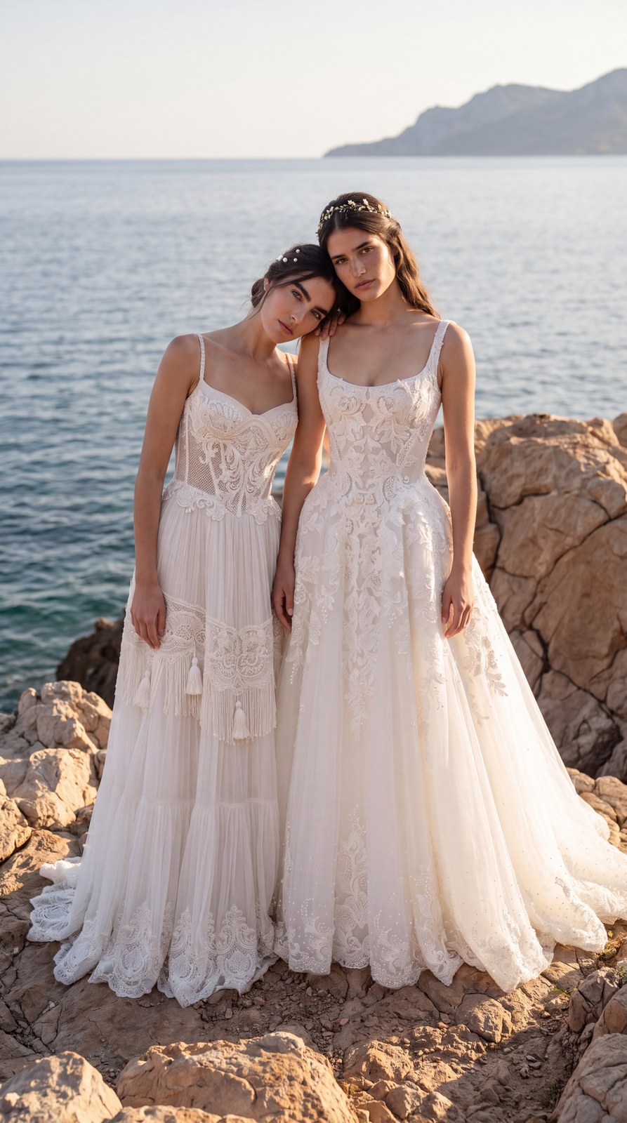 Full-length view of two models in white lace wedding gowns standing on seaside rocks with the sea behind them. AI-generated image.