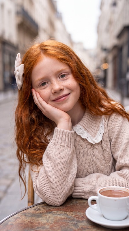A red-haired girl in a cream knit sweater with a lace collar, resting her cheek on her hand at a cafe table on a city street. AI-generated image.