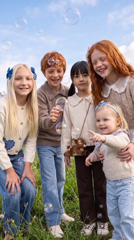 Five children in knitwear and jeans blowing soap bubbles on a lawn, full-length view. AI-generated image.