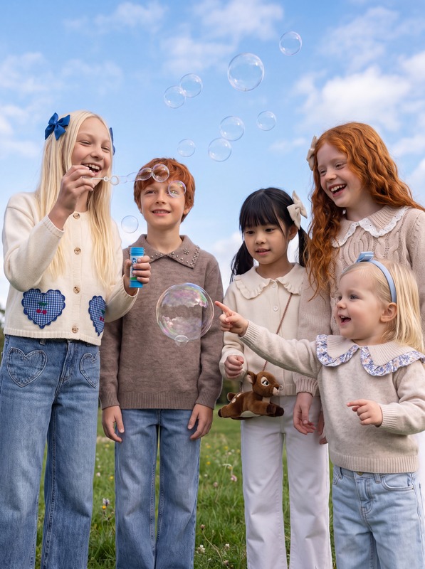 Five children in knitwear and jeans blowing soap bubbles on a lawn, medium shot. AI-generated image.
