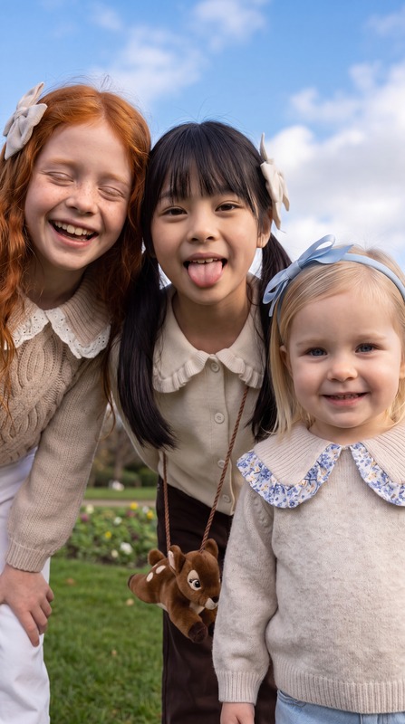 Three girls laughing in a park, one with her tongue out, wearing knit sweaters with collars. AI-generated image.